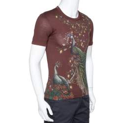 Pre Owned Dolce & Gabbana Bordeaux Peacock Print Cotton Crew Neck T-Shirt XS