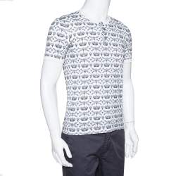 Pre Owned تي شيرت دولتشي أند غابانا رقبة مستديرة و أزرار مطبوع تاج و نحلة قطن مونوكرومي مقاس صغير (سمول)