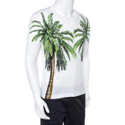 Pre Owned Dolce & Gabbana White Palm Trees Print Cotton V-Neck T-Shirt S