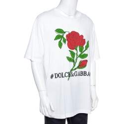 Pre Owned Dolce & Gabbana White Cotton Jersey Rose Print T-Shirt 4XL