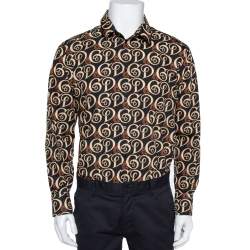 Pre Owned Dolce & Gabbana Gold Black Logo Print Cotton Button Front Shirt XXL
