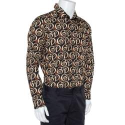 Pre Owned Dolce & Gabbana Gold Black Logo Print Cotton Button Front Shirt XXL