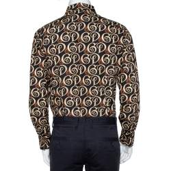 Pre Owned Dolce & Gabbana Gold Black Logo Print Cotton Button Front Shirt XXL