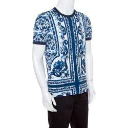 Pre Owned Dolce & Gabbana Blue Majolica Printed Cotton Crewneck T-Shirt L