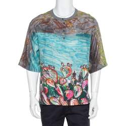 Pre Owned Dolce & Gabbana Multicolor Printed Linen Half Button Oversized T-Shirt XS