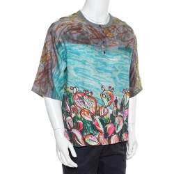 Pre Owned Dolce & Gabbana Multicolor Printed Linen Half Button Oversized T-Shirt XS