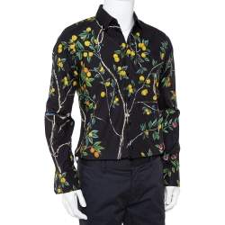 مملوكة مسبقًا Dolce & Gabbana Midnight Blue Lemon Printed Cotton Button Front Gold Shirt M 