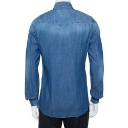 Pre Owned Dolce & Gabbana Navy Blue Faded Denim Bird Patch Applique Detail Shirt L