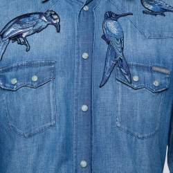 Pre Owned Dolce & Gabbana Navy Blue Faded Denim Bird Patch Applique Detail Shirt L