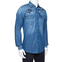 Pre Owned Dolce & Gabbana Navy Blue Faded Denim Bird Patch Applique Detail Shirt L