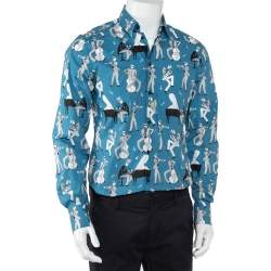 Pre Owned قميص دولتشي أند غابانا أزرار أمامية قطن مطبوع جاز أزرق مقاس كبير (لارج)