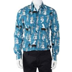 Pre Owned قميص دولتشي أند غابانا أزرار أمامية قطن مطبوع جاز أزرق مقاس كبير (لارج)