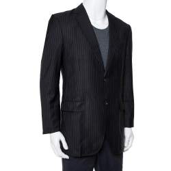 Pre Owned Dolce & Gabbana Black Striped Wool & Silk Button Front Vintage Blazer L