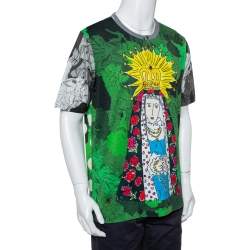 Pre Owned Dolce & Gabbana Green Virgin Mary Graffiti Printed Cotton Crewneck Button Front T-Shirt 3XL