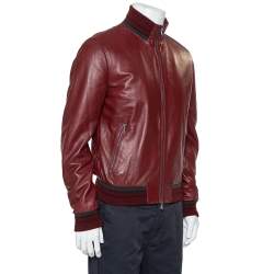 Pre Owned Dolce & Gabbana Burgundy Leather Nappa Bomber Jacket L