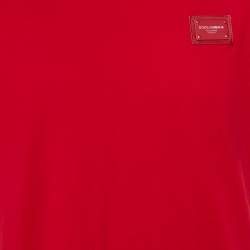 Pre Owned Dolce & Gabbana Red Cotton Logo Plaque Detail T-Shirt L