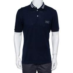 Pre Owned Dolce & Gabbana Navy Blue Cotton Logo Plaque Detail Polo T-Shirt L