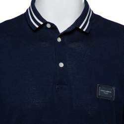 Pre Owned Dolce & Gabbana Navy Blue Cotton Logo Plaque Detail Polo T-Shirt L