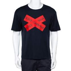 مملوكة مسبقًا Dolce & Gabbana Navy Blue Cotton Logo Printed Crewneck T-Shirt S