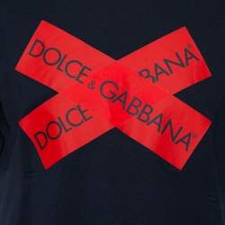 مملوكة مسبقًا Dolce & Gabbana Navy Blue Cotton Logo Printed Crewneck T-Shirt S
