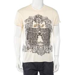 Pre Owned Dolce & Gabbana Cream Sicilian Building Printed & Logo Embellished T-Shirt L