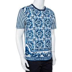 Pre Owned Dolce & Gabbana White Striped Majolica Printed Crewneck T-Shirt M