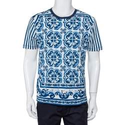 Pre Owned Dolce & Gabbana White Striped Majolica Printed Crewneck T-Shirt M