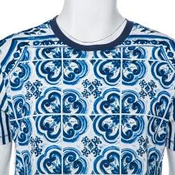 Pre Owned Dolce & Gabbana White Striped Majolica Printed Crewneck T-Shirt M