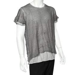 Pre Owned Dolce & Gabbana Grey Cotton & Linen Mesh Overlay Detail Crewneck T-Shirt XXL