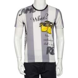Pre Owned Dolce & Gabbana White & Grey Striped Lemon Printed Cotton Crewneck T-Shirt M