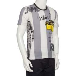 Pre Owned Dolce & Gabbana White & Grey Striped Lemon Printed Cotton Crewneck T-Shirt M