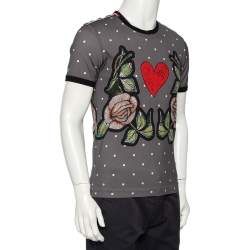 Pre Owned Dolce & Gabbana Grey Polka Dot Rose & Heart Printed Crewneck T-Shirt M