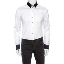 مملوكة مسبقًا Dolce & Gabbana White Cotton Knit Contrast Polka Dot Collar Shirt L