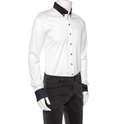 مملوكة مسبقًا Dolce & Gabbana White Cotton Knit Contrast Polka Dot Collar Shirt L