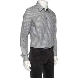 Pre Owned Dolce & Gabbana Grey Striped Cotton Embroidered Detail Gold Fit Shirt M