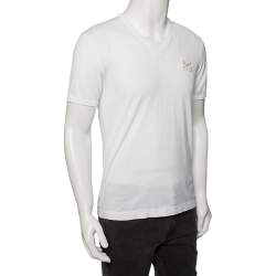 Pre Owned Dolce & Gabbana White Cotton Logo Plaque Detail V-Neck T-Shirt L 