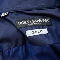 مملوكة مسبقًا قميص دولتشي آند غابانا قطن نيلي غولد فيت بأزرار أمامية مقاس متوسط - ميديوم