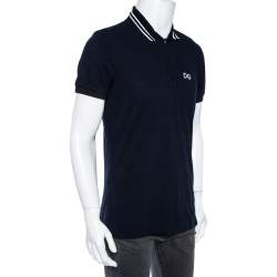 Pre Owned تي شيرت بولو دولتشي أند غابانا قطن أزرق كحلي مزين ياقة مخططة مقاس كبير (لارج)