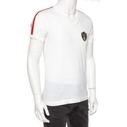 مملوكة مسبقًا Dolce & Gabbana White Cotton Calcio Italia Shoulder Stripe Detail V-Neck T-Shirt M