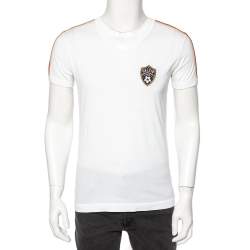 مملوكة مسبقًا Dolce & Gabbana White Cotton Calcio Italia Shoulder Stripe Detail V-Neck T-Shirt M