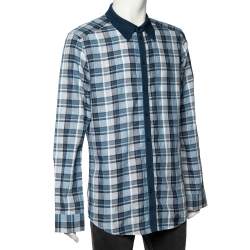Dolce & Gabbana Blue Checkered Cotton Knit trim Gold Fit Shirt XXL