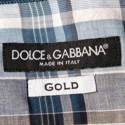 Dolce & Gabbana Blue Checkered Cotton Knit trim Gold Fit Shirt XXL