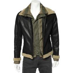 Pre Owned Dolce & Gabbana Black Leather & Cotton Layered Zip Front Jacket S