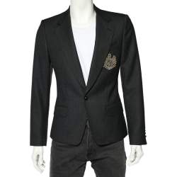 Pre Owned بليزر دولتشي أند غابانا مطرز شعار تاج صوف رمادي مقاس صغير