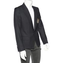 Pre Owned جاكيت بليزر دولتشي أند غابانا صوف أزرق داكن صدرية واحدة مطرز شعار الماركة مقاس وسط (ميديوم)