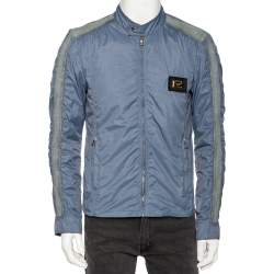 Pre Owned Dolce & Gabbana Blue Synthetic and Leather Trim Zip Front Jacket M