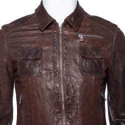 Pre Owned Dolce & Gabbana Vintage Brown Leather Zip Front Jacket M