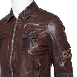 Pre Owned Dolce & Gabbana Vintage Brown Leather Zip Front Jacket M