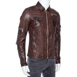 Pre Owned Dolce & Gabbana Vintage Brown Leather Zip Front Jacket M