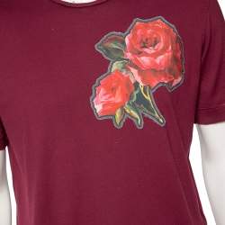 Pre Owned Dolce & Gabbana Burgundy Cotton Rose Applique Detailed T-Shirt XL